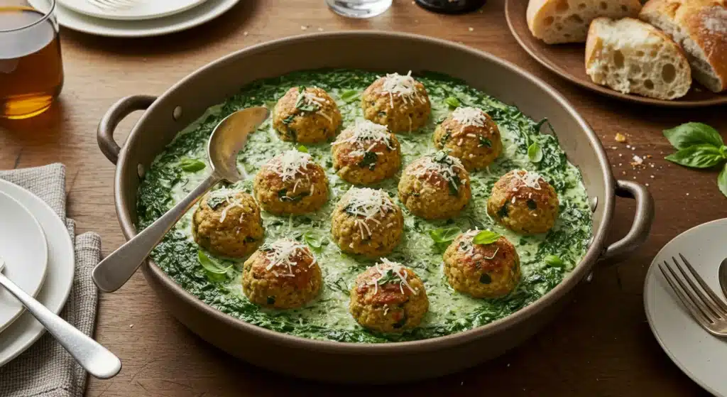 Low-carb chicken ricotta meatballs smothered in spinach Alfredo sauce on a white plate