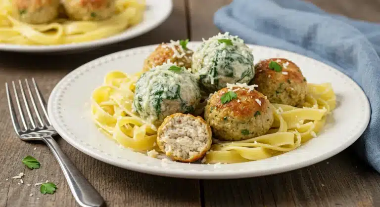 Tender chicken ricotta meatballs with spinach Alfredo sauce served over fettuccine