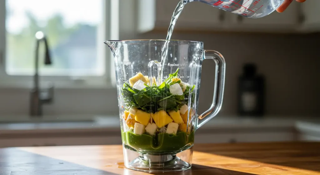 Healthy detox island green smoothie topped with chia seeds and served with a paper straw