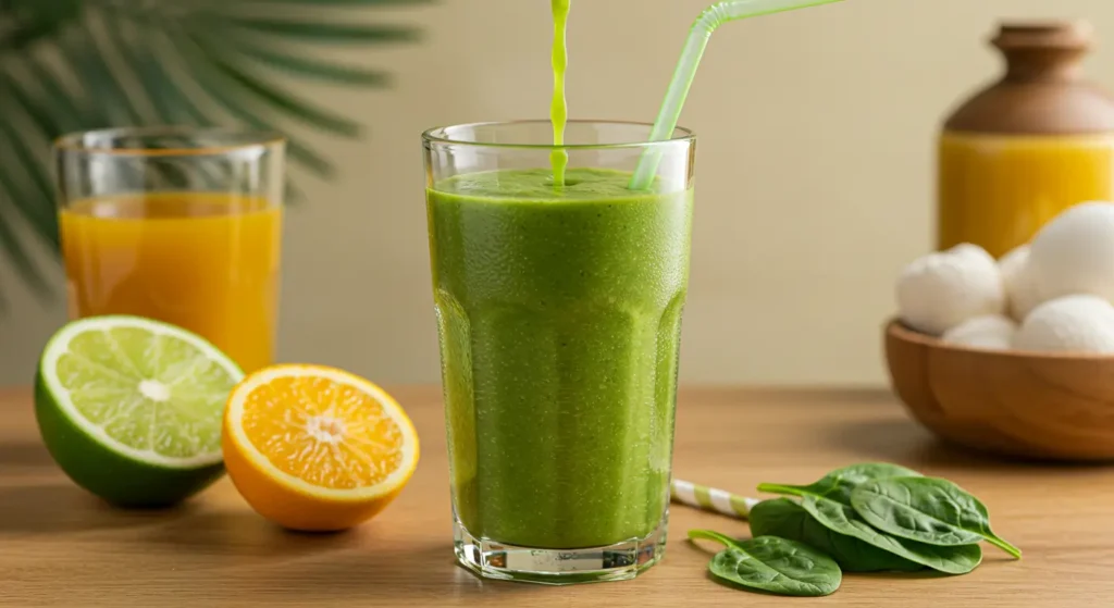Bright green detox island smoothie blend with mango, pineapple, and leafy greens