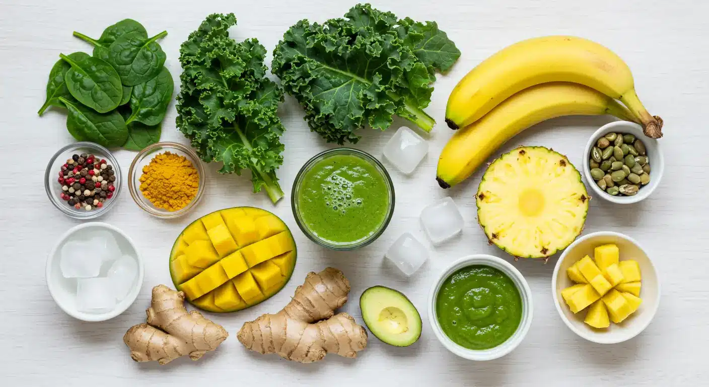Fresh detox island green smoothie in a glass with spinach, banana, and tropical fruit