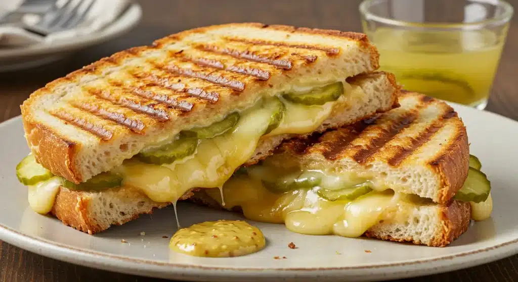 Crispy dill pickle sandwich served on rye bread with mustard and lettuce