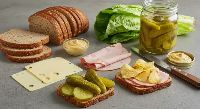 Delicious dill pickle sandwich stacked with layers of cheese, turkey, and fresh pickles