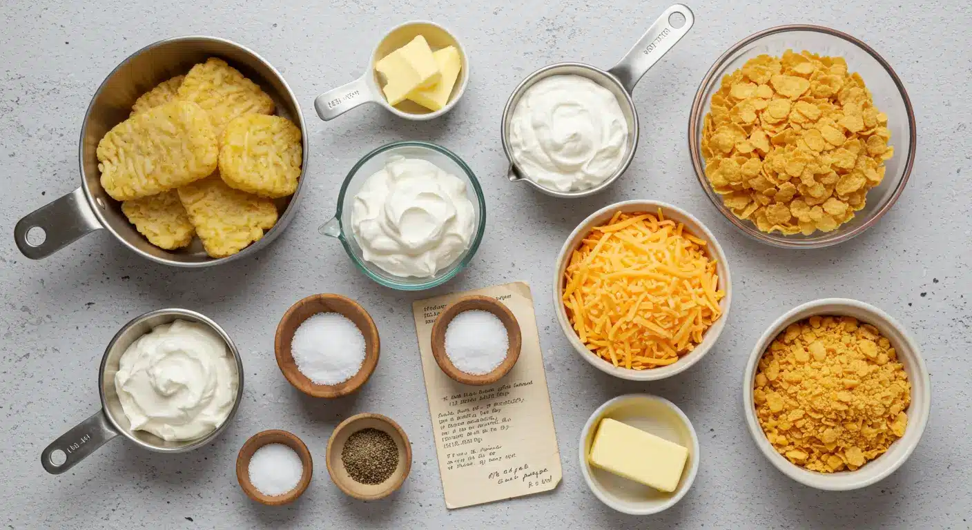 Classic Funeral Potatoes Recipe with a crispy cornflake topping and creamy filling