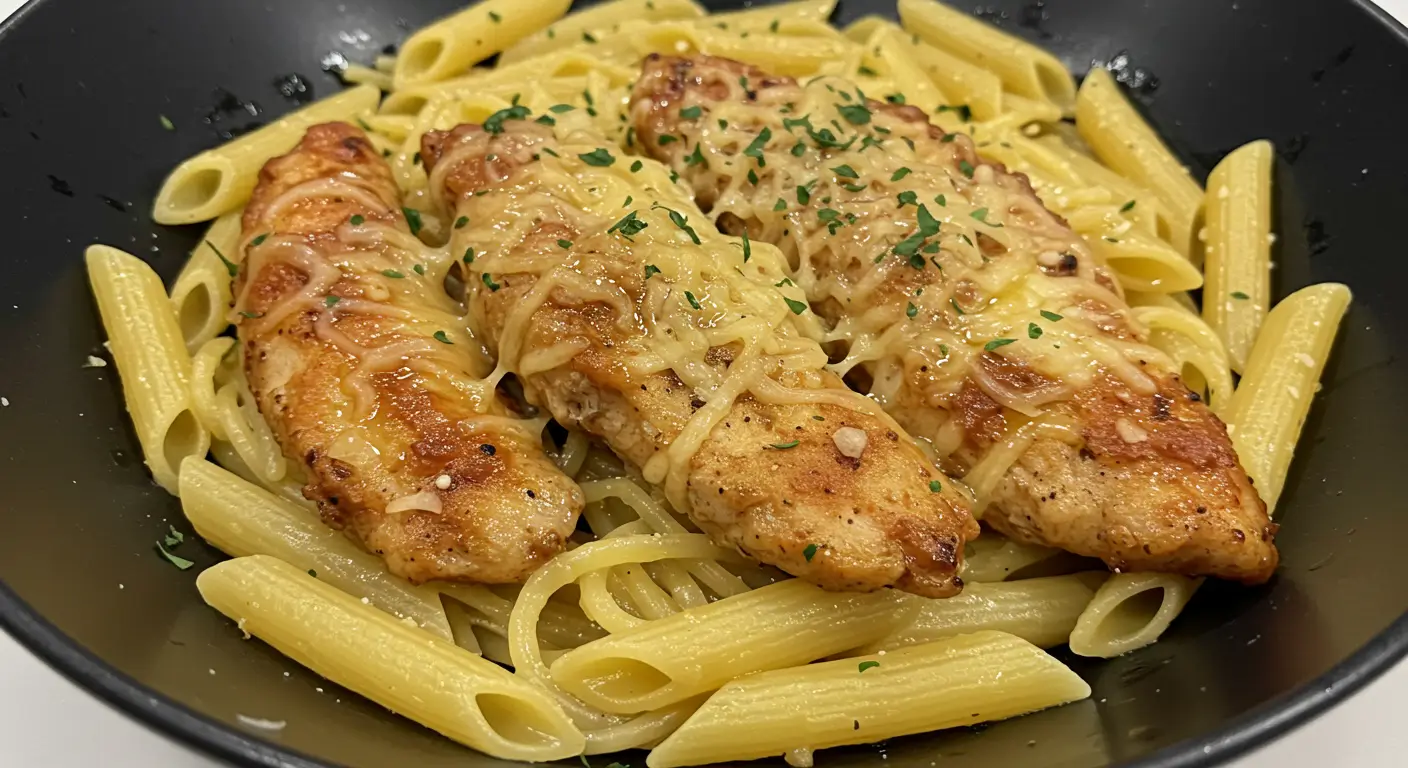 Creamy Garlic Parmesan Chicken Pasta topped with fresh parsley and grated cheese