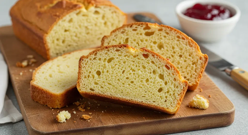 Sliced gluten-free brioche bread served with butter and jam for a bakery-style breakfast