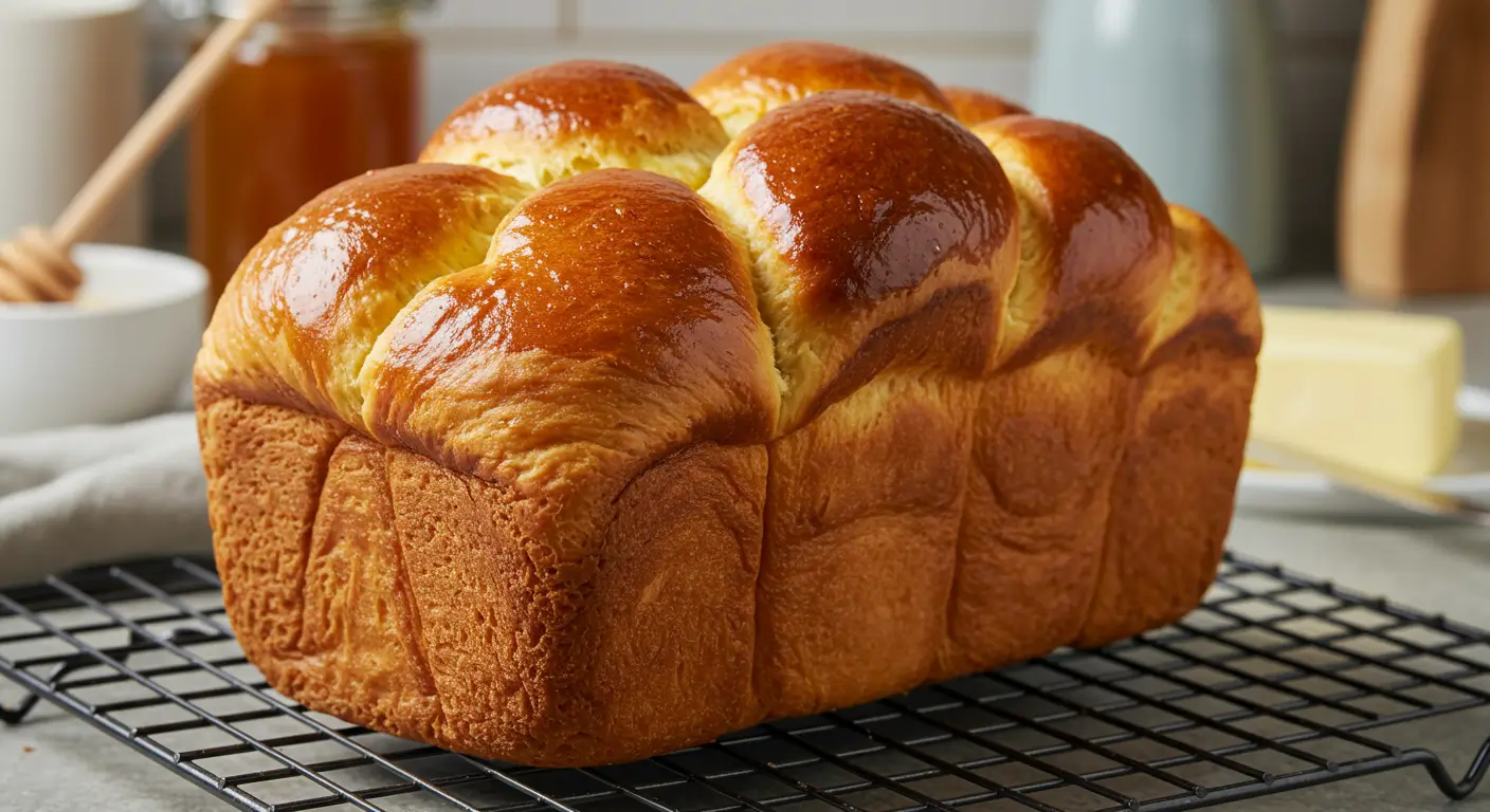 Golden gluten-free brioche bread loaf with a soft, fluffy texture and shiny crust