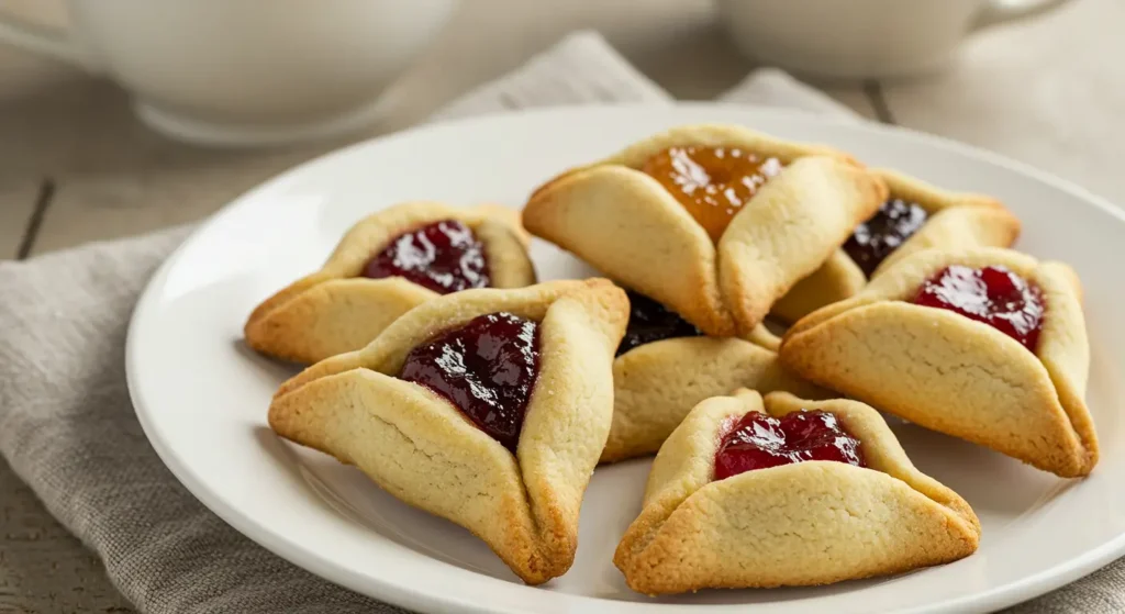 Triangle-shaped gluten-free hamantaschen with poppy seed and apricot filling on a baking tray