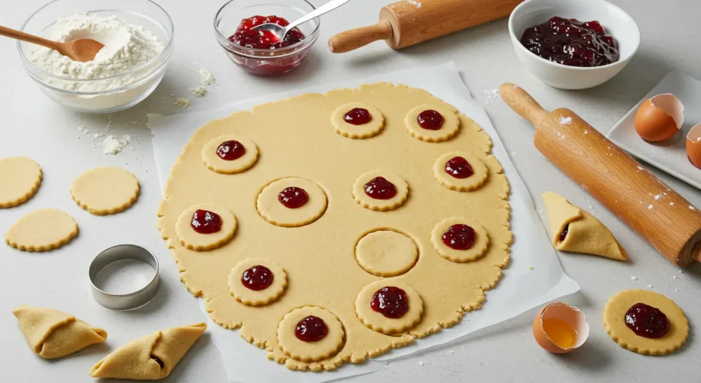 Traditional gluten-free hamantaschen cookies with golden edges and fruit preserves