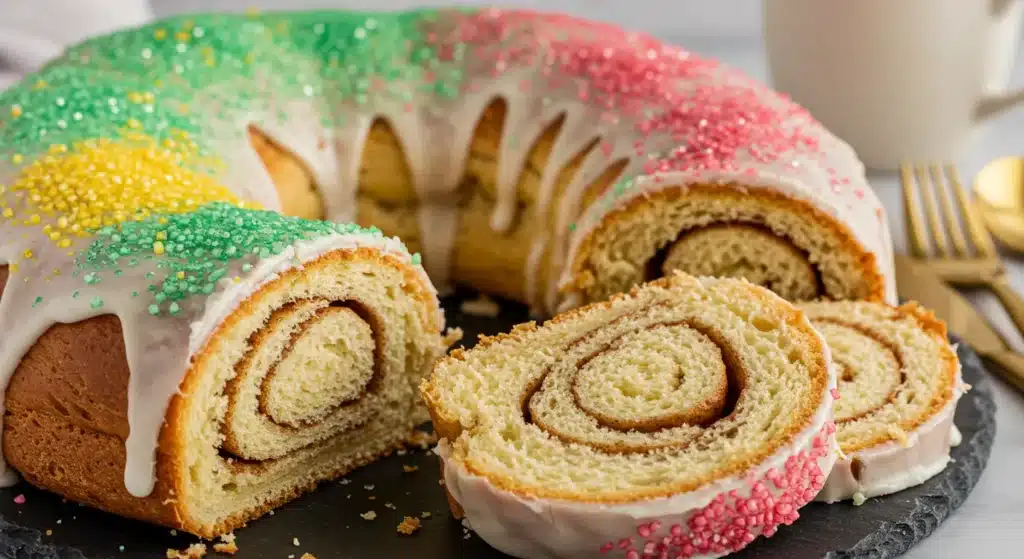Homemade gluten-free King Cake with a sweet glaze and Mardi Gras colors