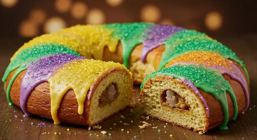 Traditional gluten-free King Cake served with a hidden baby charm inside