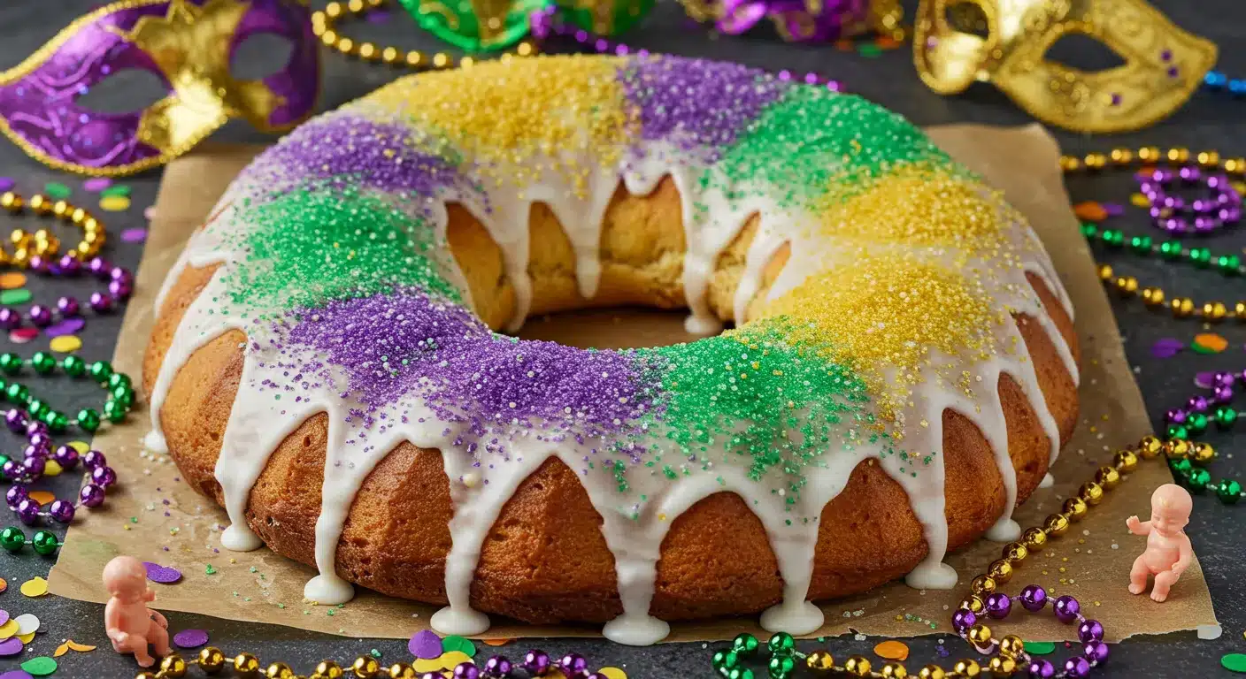 Festive gluten-free King Cake decorated with purple, green, and gold sugar