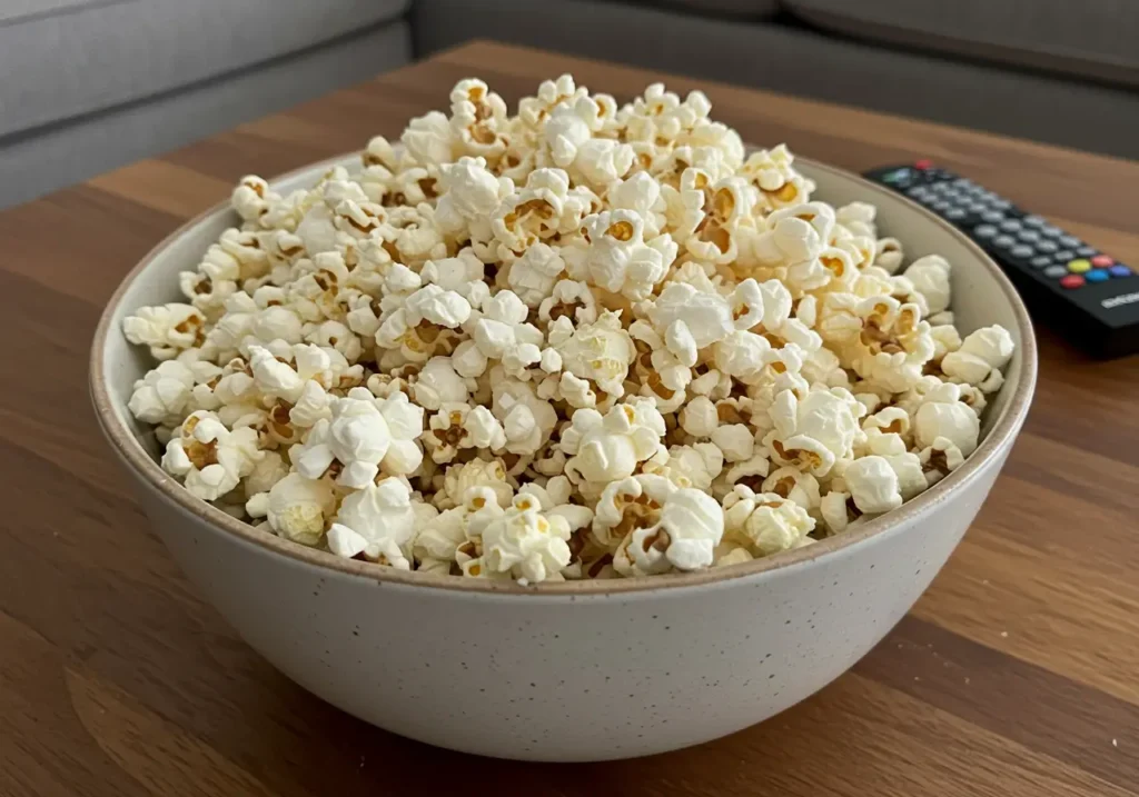 Homemade gluten-free popcorn seasoned with herbs and nutritional yeast