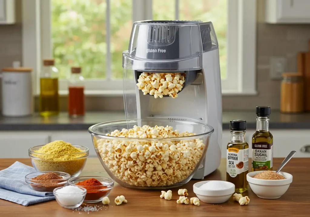 Crispy gluten-free popcorn served as a healthy snack in a rustic wooden bowl