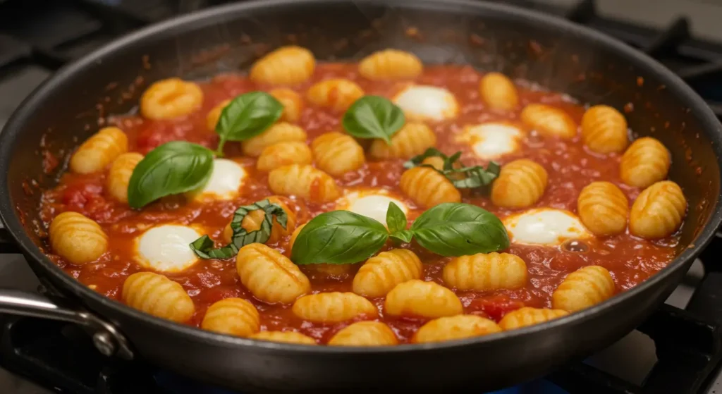 Classic gnocchi alla sorrentina with tomato sauce and gooey cheese on a white plate