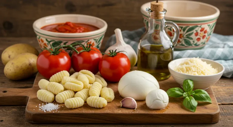 Baked gnocchi alla sorrentina in a skillet with melted mozzarella and fresh basil