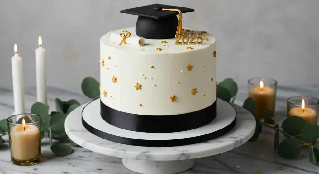 Tiered graduation cake decorated with 2025 topper, gold accents, and buttercream flowers