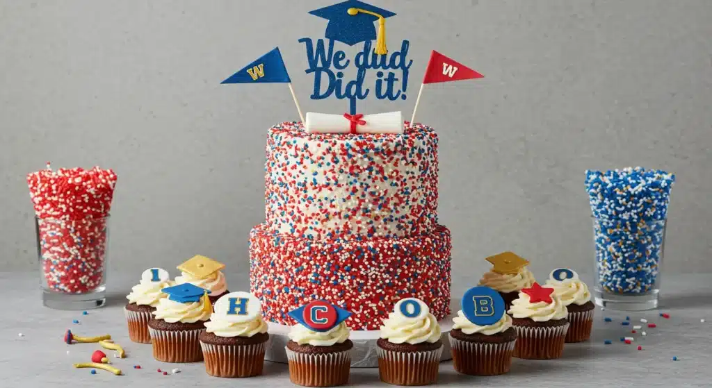 Creative graduation cake designs shaped like a graduation cap and stacked books