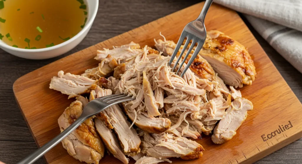 Juicy and tender healthy shredded chicken in a meal prep container with veggies
