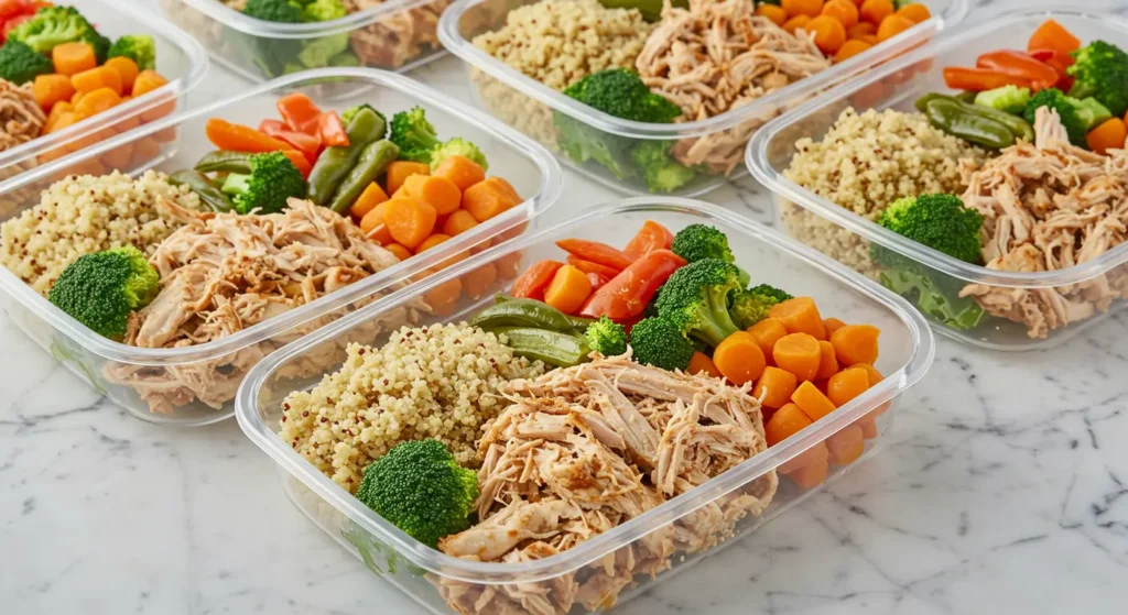 Easy and healthy shredded chicken cooked in a slow cooker with garlic and spices