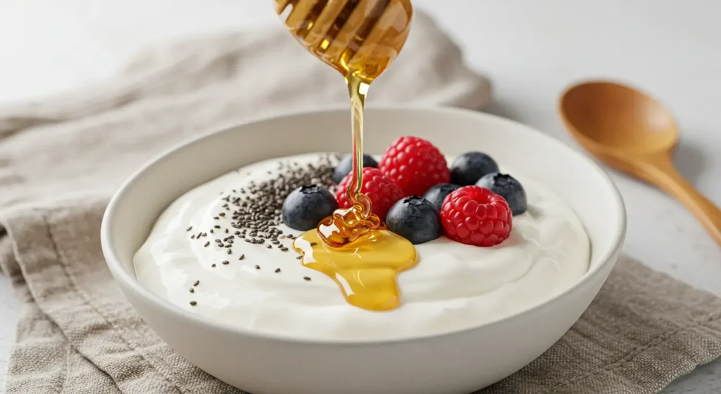 Glass jar of honey Greek yogurt with a drizzle of honey and a sprig of mint