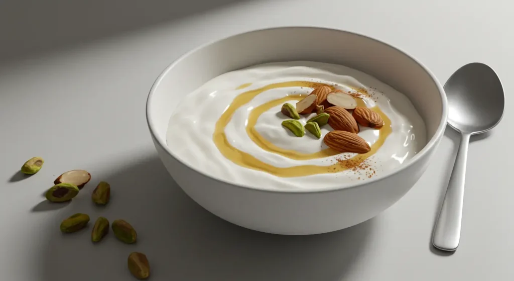 Thick and smooth honey Greek yogurt served as a protein-packed breakfast option