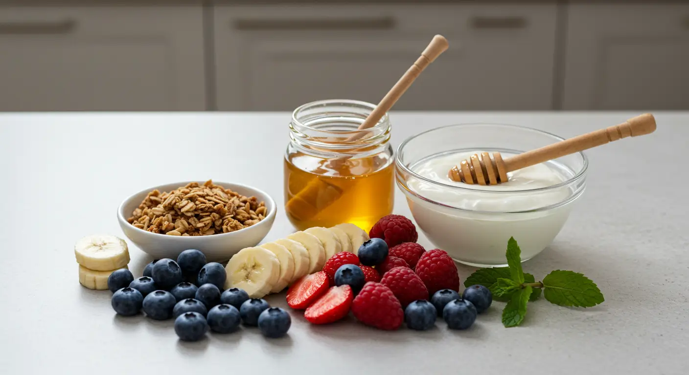 Creamy honey Greek yogurt in a bowl topped with granola and fresh berries