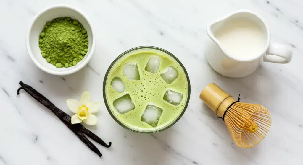 Creamy iced vanilla matcha latte with vibrant green layers and vanilla bean specks
