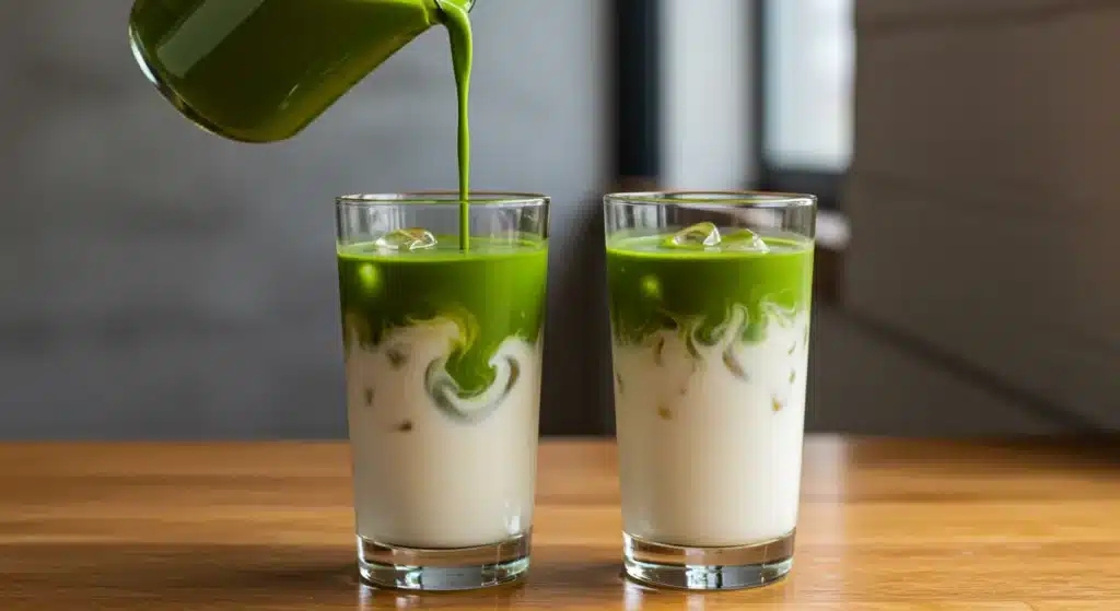 Homemade iced vanilla matcha latte made with ceremonial-grade matcha and almond milk