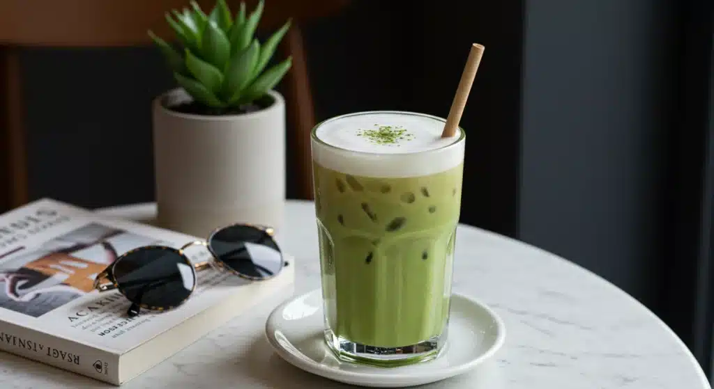 Trendy iced vanilla matcha latte topped with foam and served with a reusable straw