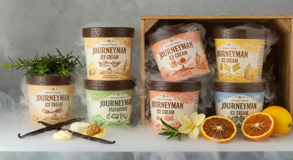 Crafted Journeyman Ice Cream pints featuring locally sourced ingredients and bold flavors