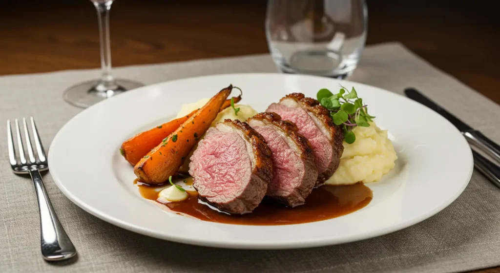 Slow-cooked lamb breast plate paired with couscous and roasted root vegetables