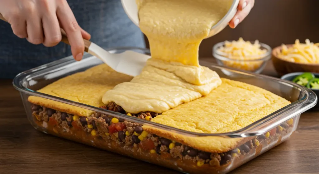 Hearty Delicious Mexican Cornbread Casserole served with sour cream and salsa