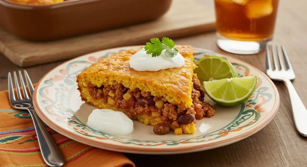 Cheesy and spicy Delicious Mexican Cornbread Casserole fresh out of the oven
