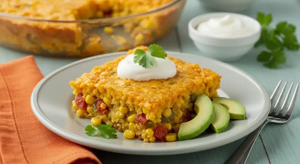 Cheesy Mexican-style Jiffy corn bread casserole packed with veggies and golden crust