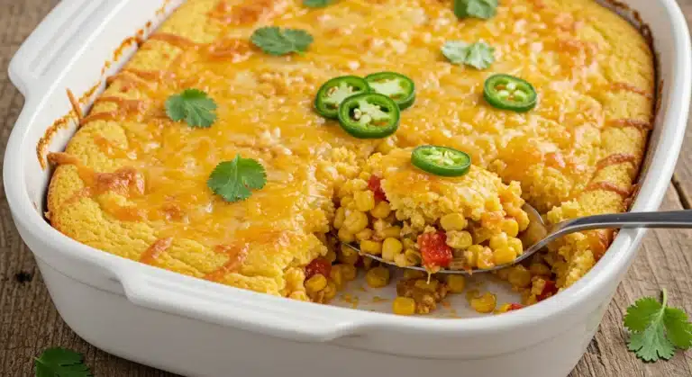 Baked Mexican vegetarian cheese Jiffy corn bread casserole topped with melted cheddar and jalapeños