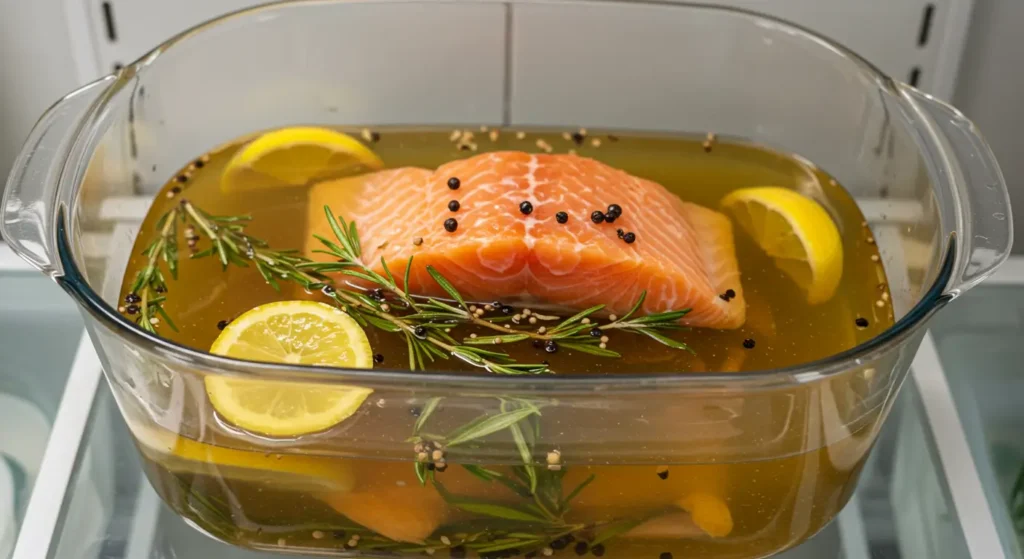 Raw salmon fillets soaking in a homemade Smoked Salmon Brine with herbs and spices