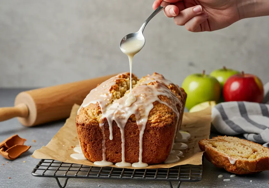 Homemade sourdough apple fritter bread sliced to reveal swirls of apple and spice
