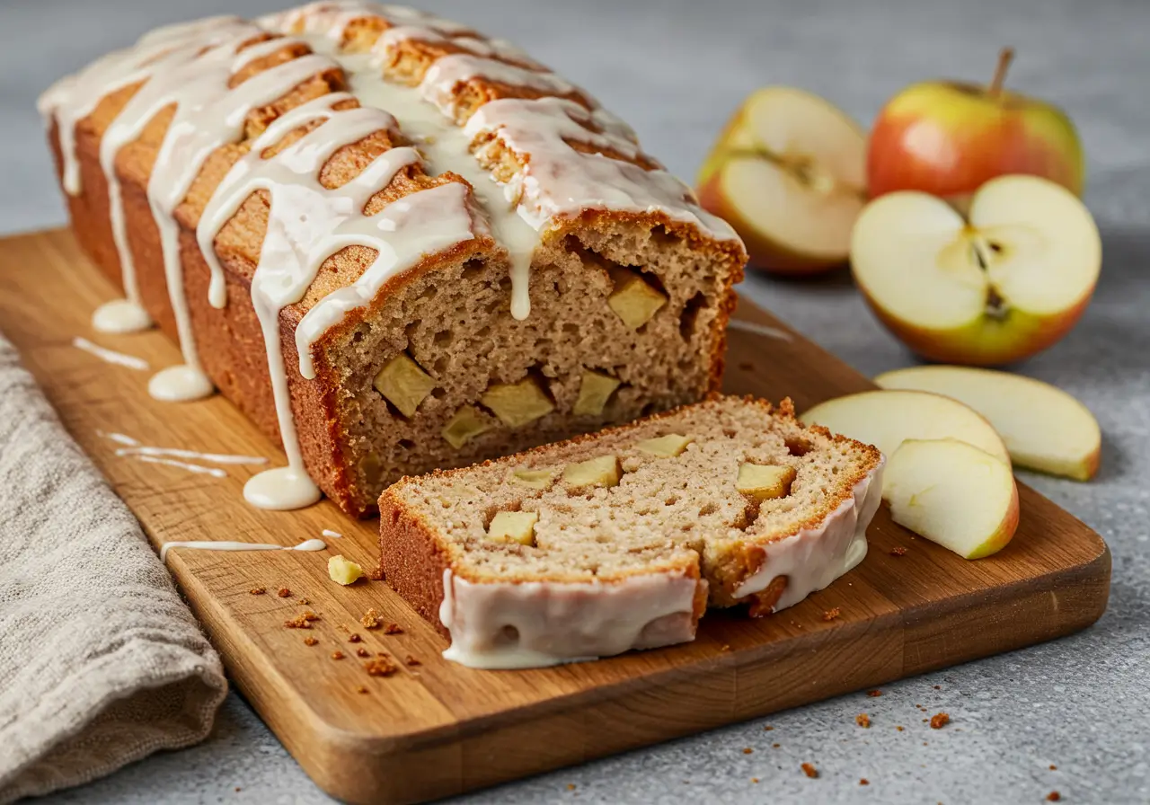 Moist and cinnamon-swirled sourdough apple fritter bread with chunks of fresh apple