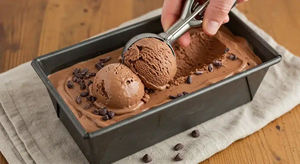 Homemade sugar-free ice cream served in a cone with chocolate drizzle