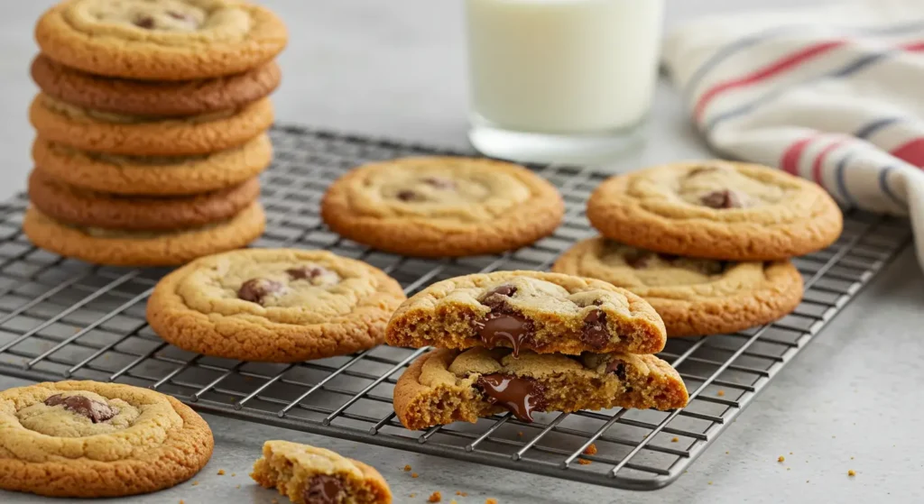 Batch of Toll House Cookies on parchment paper ready to serve for dessert