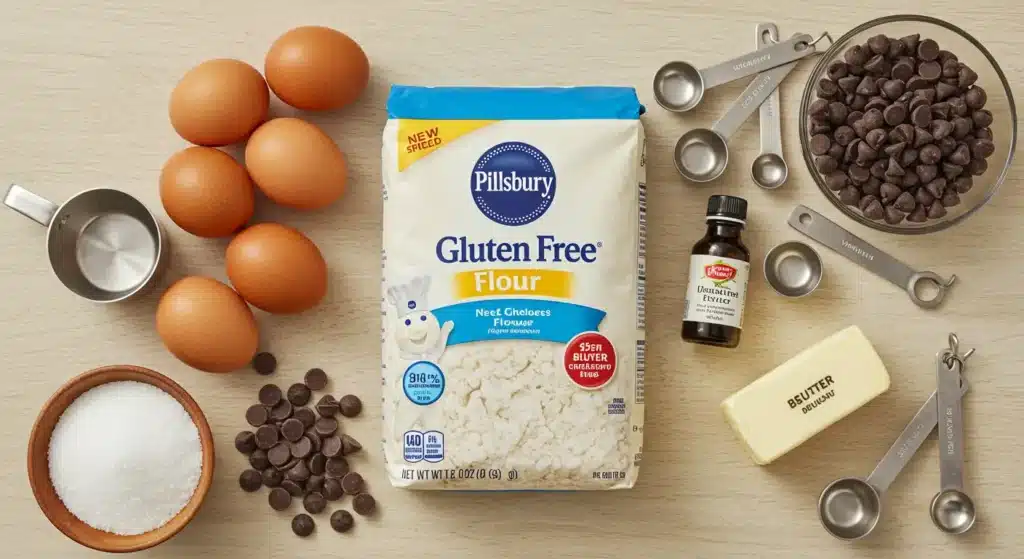 Baking setup with Pillsbury gluten free flour, measuring spoons, and cookie dough in progress