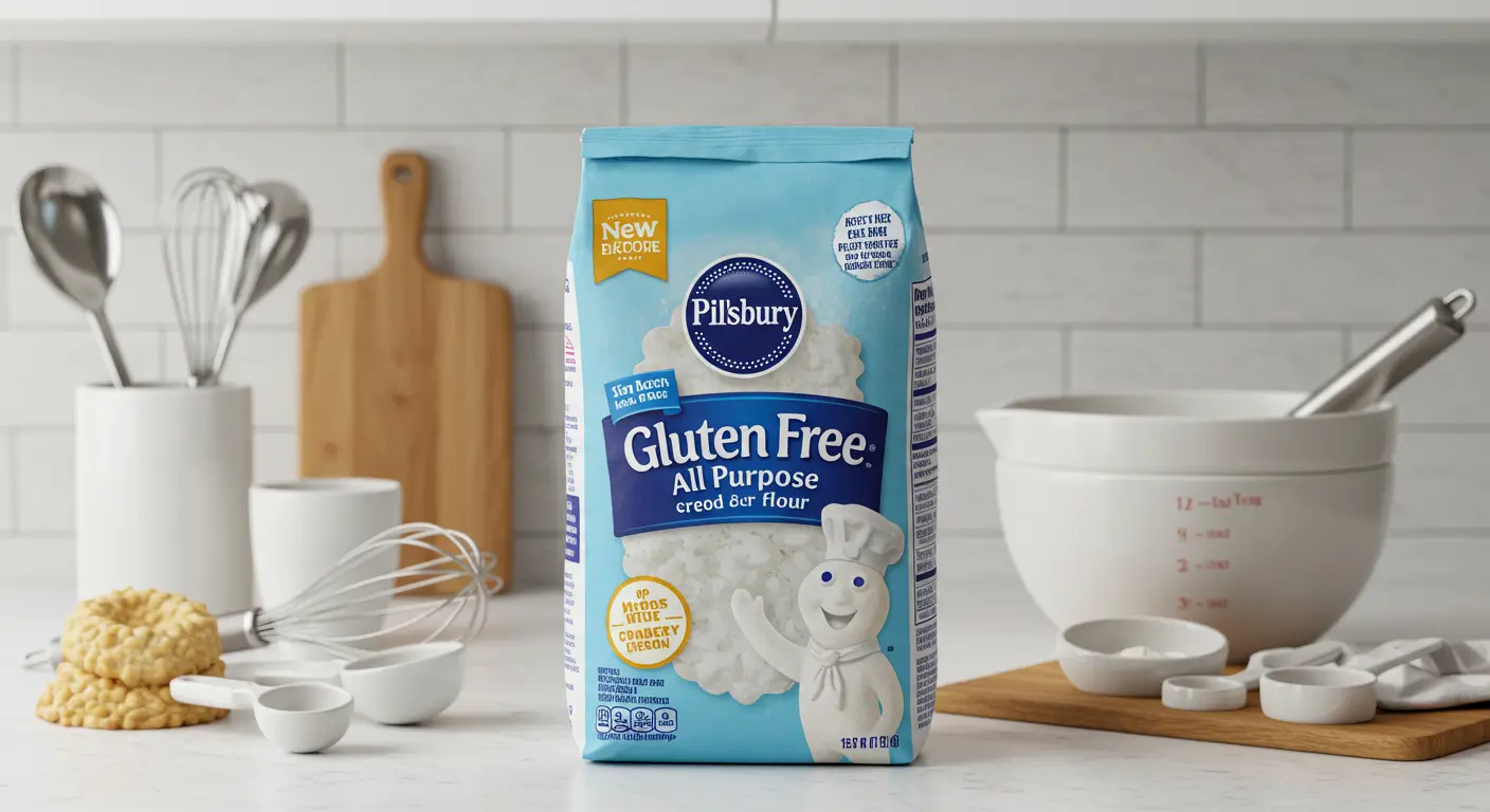 Package of Pillsbury gluten free flour on a kitchen counter beside mixing bowls and a whisk