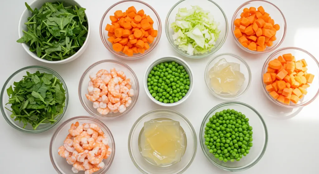 DIY fish food prepared at home with shrimp, spinach, and vitamins for tropical aquarium fish