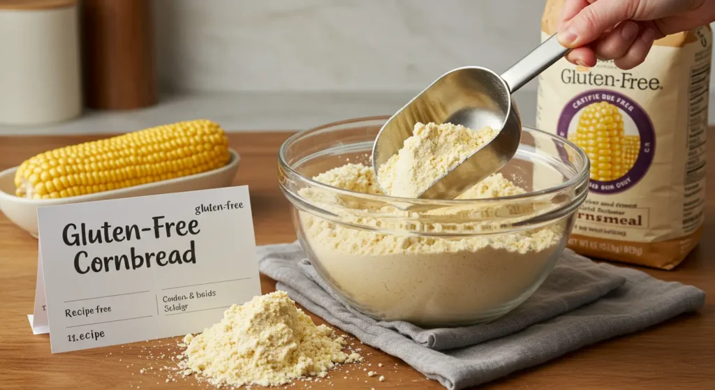 Spoonful of yellow cornmeal flour on a wooden surface with text: Is cornmeal flour gluten-free?