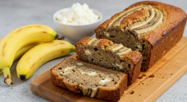 Cottage cheese banana bread slices on a wooden board