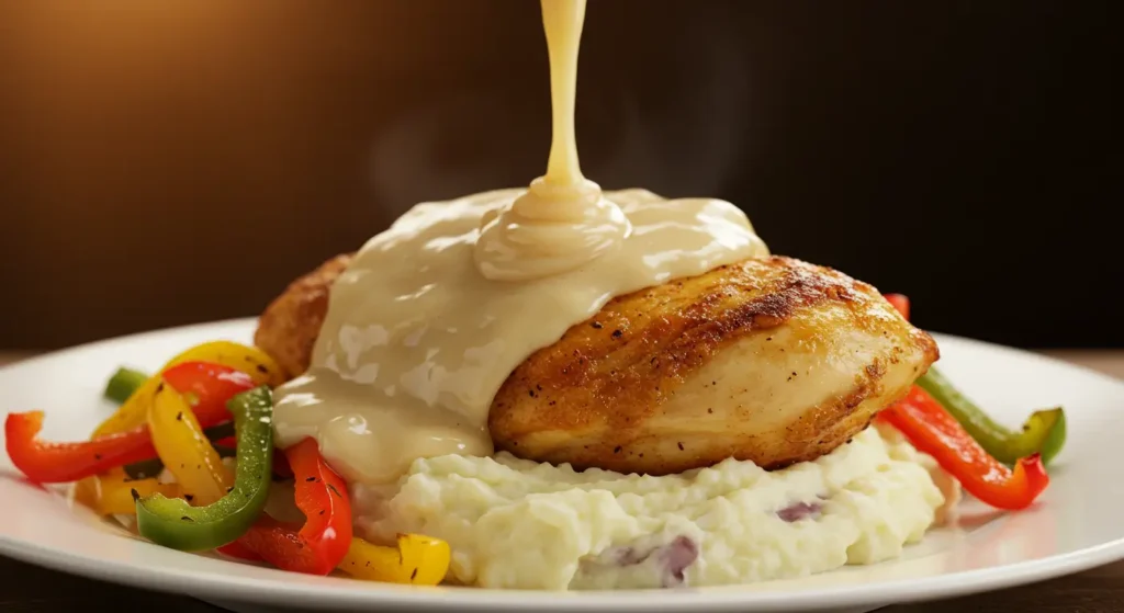Creamy smothered chicken with mashed potatoes