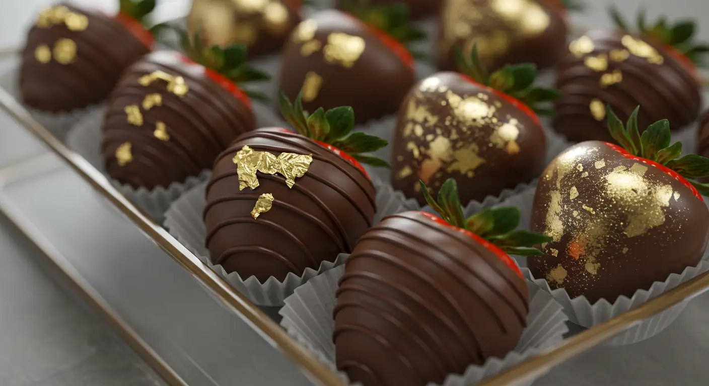Dubai chocolate strawberries with gold leaf in luxury box