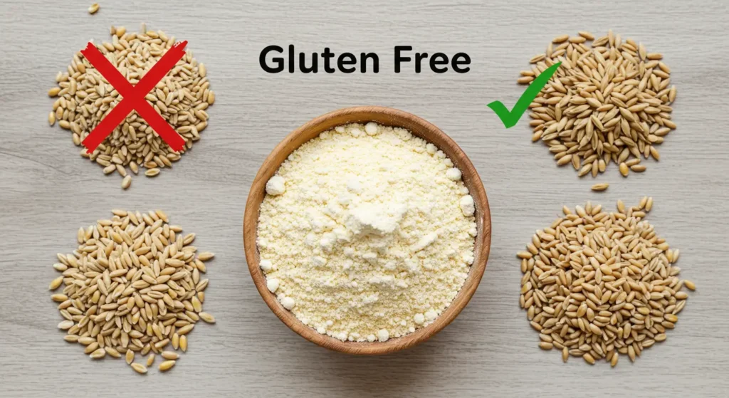 Fine ground cornmeal flour in a measuring cup with a gluten-free tag