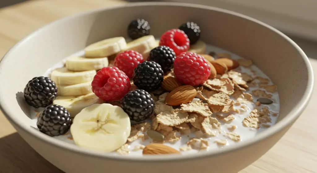gluten free cereal with fruit and almond milk